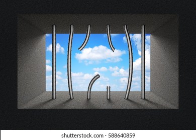 Sky Seen Through Broken Jail Bars In Prison Window Extreme Closeup. 3d Rendering. 