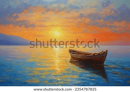 Sky sunset and boat on the water. Modern impressionism.Original oil painting on canvas. 