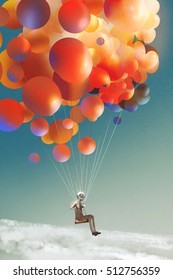 Sky Traveller,man Floating With Colorful Balloons In A Sky,illustraion Digital Painting