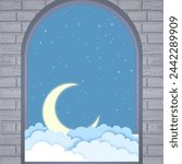 Sky view from a window.Crescent moon, clouds and starry sky illustration