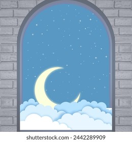 Sky view from a window.Crescent moon, clouds and starry sky illustration