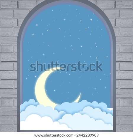 Sky view from a window.Crescent moon, clouds and starry sky illustration