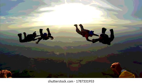 Skydiving 4 Way Team Silhouette Point Of View Illustration