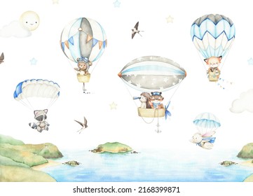 Skydiving, Airship Illustration. Cute Little Wild Animals Flying With Parachute And Hot Air Balloon. Hand Painted Watercolor Birthday Design. Cartoon Kid Character