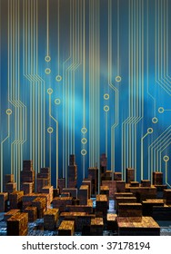 Skyline Of A City Made Of Circuit Board Structure Skyscrapers, With A Circuit Board Graphics Background