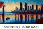 Skyline city view with reflections on water. Original oil painting on canvas,
