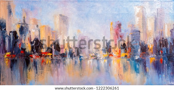 Skyline city view with reflections on water abstract painting full wall mural