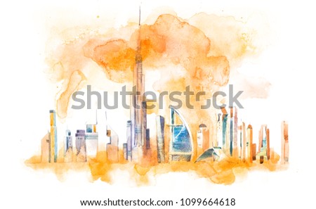 Skyline of Dubai Cityscape landmark skyline. Watercolor illustration