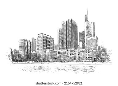 Skyline Of Frankfurt Am Main, Germany, Ink Sketch Illustration.