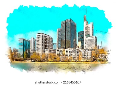 Skyline Of Frankfurt Am Main, Germany, Watercolor Sketch Illustration.