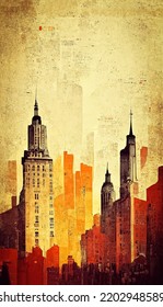 Skyline Of New York Building On An Old Poster, Design For Tourist Flyer To Promote The City