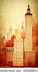 Skyline Of New York Building On An Old Poster, Design For Tourist Flyer To Promote The City