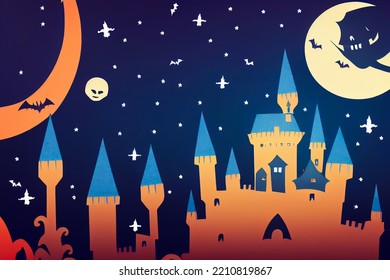 Skyline Of A Princess Castle In The Night Of Halloween, Terrifying Drawing For Children