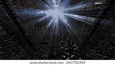 Skyscraper buildings pierce through the clouds. A futuristic city of advanced civilization. A city that goes on forever. Roads stretching in every direction. Aerial corridors. 3D rendering.