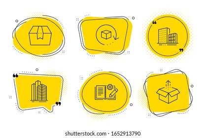 Skyscraper buildings, Buildings and Send box signs. Chat bubbles. Return package, Engineering documentation and Package box line icons set. Exchange goods, Manual, Delivery goods. - Powered by Shutterstock