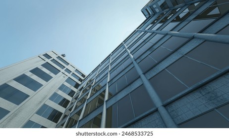 A skyscraper looking straight up at the building. 