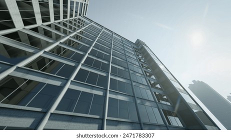A skyscraper looking straight up at the building. 