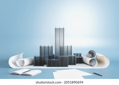 Skyscraper project with paperwork on blue background. Architecture and engineering concept. 3D Rendering - Powered by Shutterstock