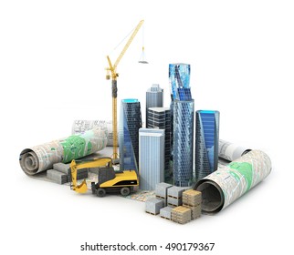 Skyscrapers, building materials, high-rise faucet and an escalator located on drawings and projects. 3D illustration - Powered by Shutterstock