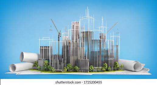 Skyscrapers In Building Process On The Blueprints. Drawing City. 3d Illustration