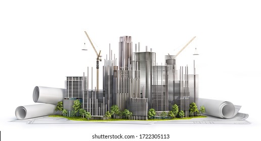 Wolkenkratzer auf dem Plan. Baukonzept. 3D-Illustration