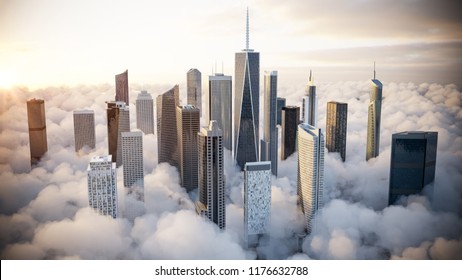 Skyscrapers Over The Clouds. 3d Illustration.