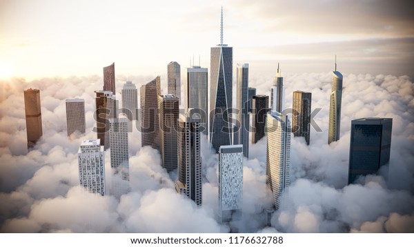 雲の上に高層ビルが建っている 3dイラスト のイラスト素材