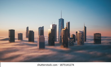 Skyscrapers Over The Clouds At Sunrise. Morning City Above The Clouds. Skyscrapers On The Cloud And Fog