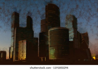 Skyscrapers in the rays of sunset.