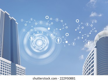 Skyscrapers And Sky With Network. Architecture Background