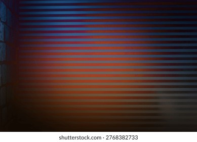 Slatted panel and brick-wall are being shown with gradient blue to orange lighting, flat design. Modern architecture, lighting design, interior decor, abstract art, ambient illumination, minimalist