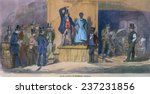 Slave auction in Richmond Virginia in 1856 A women stands alone as bids are offered, 1856 engraving with modern color.