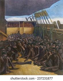 The slave deck of the ship 'Wildfire' captured transporting slaves 510 captives from Africa to the Caribbean, Wood engraving after daguerreotype made in Key West on April 30, 1860 with modern color.
