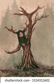 Slavic Mythology Forest Demon Converting Into A Tree In The Deep Dark Forest. Illustration Of A Sad Book Series Scene.