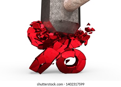 Sledgehammer Smashing Red Percentage Sign Cracked, Isolated On White Background, 3D Illustration.