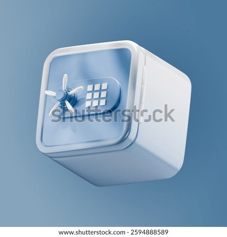 A sleek 3D-rendered safe with a secure combination lock and keypad, set against a modern blue gradient background. The design symbolizes financial security, wealth protection, and data safety.