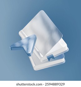 A sleek 3D-rendered stack of books with a glossy bookmark and a navigation arrow, set against a modern blue gradient background. The design represents digital learning, education, or online reading.