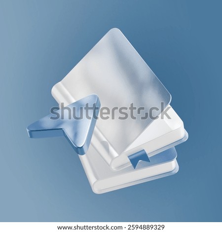 A sleek 3D-rendered stack of books with a glossy bookmark and a navigation arrow, set against a modern blue gradient background. The design represents digital learning, education, or online reading.