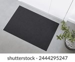 Sleek black doormat mockup in a contemporary setting, perfect for displaying logos or custom prints in a home or office entrance. Welcome mat with copy space. Doormat mock up. Carpet. 3D Illustration