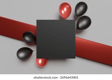 Sleek black square display is framed by dynamic red ribbons and shiny black and red balloons, creating a striking promotional backdrop