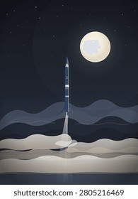 A sleek blue rocket ascends through swirling ethereal clouds under a luminous full moon against a starry night sky.