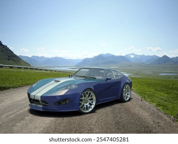 Sleek blue sports car with white stripes on a scenic mountain road under a clear sky. - Powered by Shutterstock