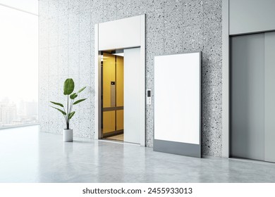 Sleek golden elevators in a contemporary lobby with wooden wall accents and blank digital screen mockup. 3D Rendering