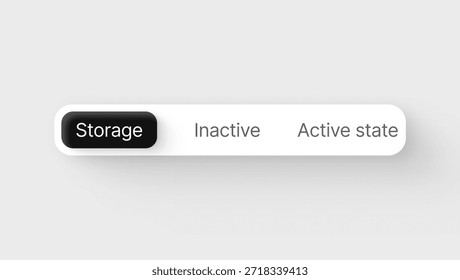 A sleek horizontal toggle or tab component designed for switching between different views or categories. It features a prominent dark "Active" state button—labeled "Storage" in this example—alongside "Inactive" and "Active state" placeholders. The high-contrast, rounded design is perfect for mobile and web navigation headers