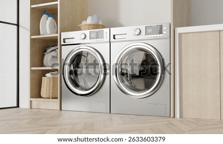 Sleek laundry corner featuring high-tech washing machines and storage. 3D render illustration. 3D Illustration