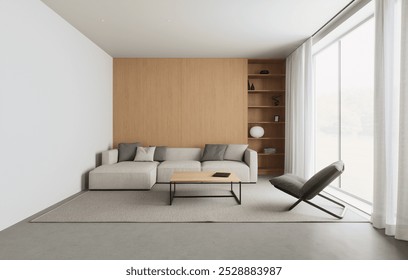 A sleek and minimalist living room design that is filled with natural light and showcases modern furniture styles. 3D Render. 3D Illustration - Powered by Shutterstock