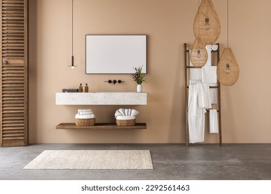 A sleek and modern bathroom with a beige wall and a concrete countertop vanity. Featuring towels, baskets, a rug, concrete flooring, pendant lights, and natural light pouring. 3d rendering - Powered by Shutterstock