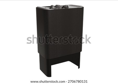 A sleek, modern, dark rectangular sauna heater with rounded corners, topped with natural stones. It features a minimalist design for a spa or wellness space