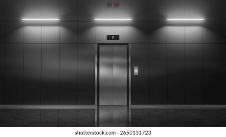 Sleek, modern elevator doors stand open on the fifth floor of an office building, illuminated by bright lights above, inviting passengers to step inside and continue their journey