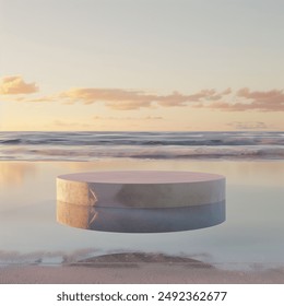 A sleek, modern podium placed on a serene beach at sunset, with soft pastel hues reflecting in calm waters. Ideal for presentations, product displays, or background designs. - Powered by Shutterstock